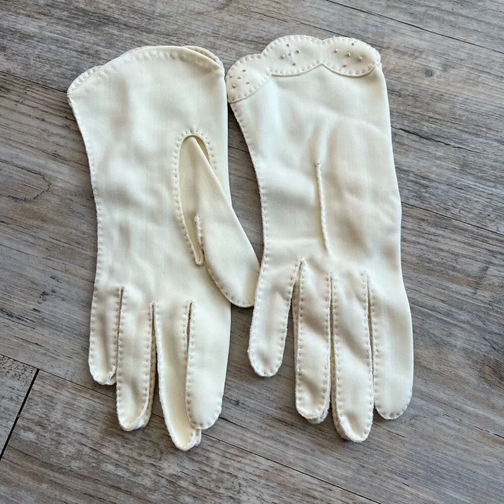 Vintage 60s White Gloves Beading Stitching Off White Cream Antique
